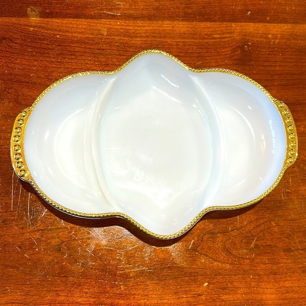 Vintage Fire 🔥King milk glass oven ware divided relish/pickle plate w/gold trim